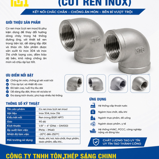 Co ren inox 304, 316 (cút ren inox)