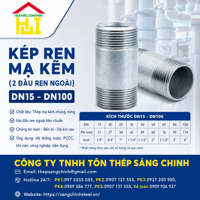 Kép Ren Mạ Kẽm (2 đầu ren ngoài DN15-DN100)