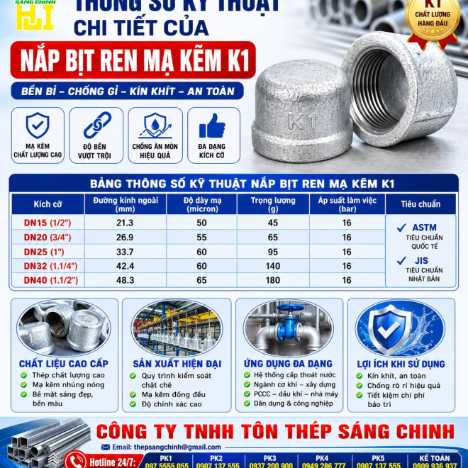 Nắp bịt ren mạ kẽm giá rẻ K1