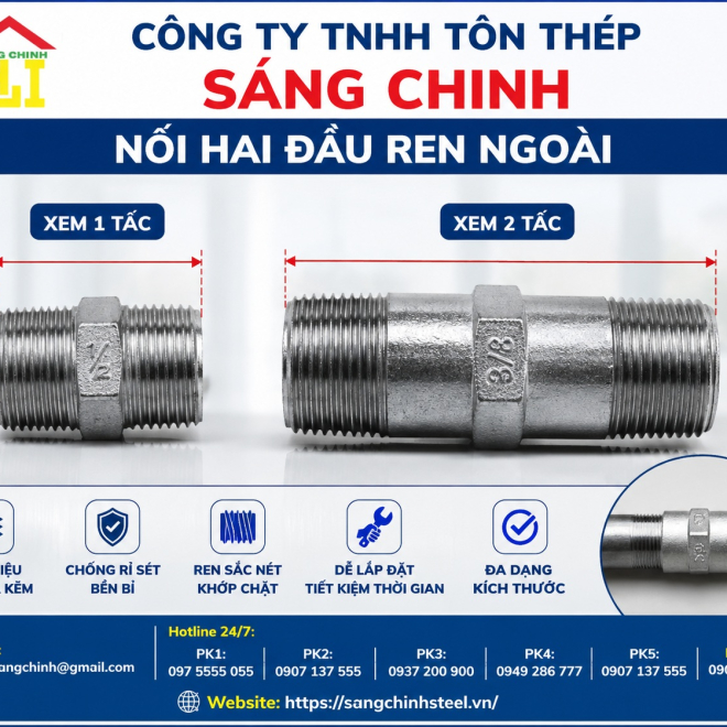 Nối hai đầu ren ngoài, xem 1 tấc, xem 2 tấc