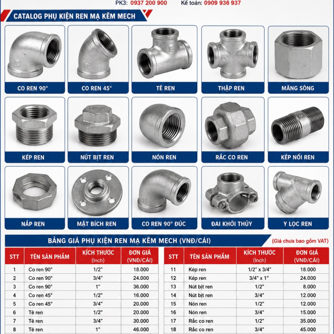 Phụ Kiện Ren Mạ Kẽm Mech (Catalog + Bảng giá)