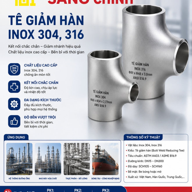 Tê giảm hàn inox 304, 316