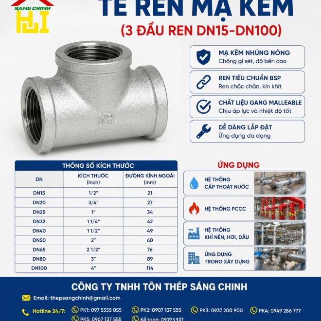 Tê Ren Mạ Kẽm (3 đầu ren DN15-DN100)