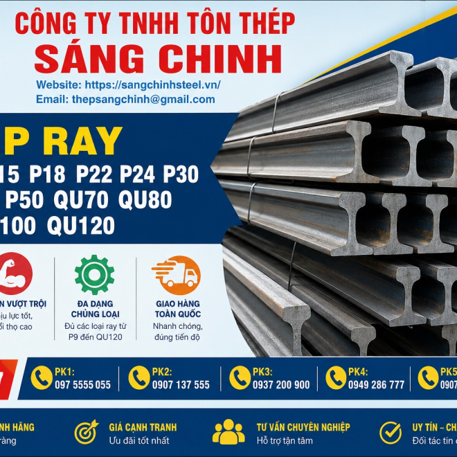 Thép Ray P9 P11 P15 P18 P22 P24 P30 P38 P43 P50 QU70 QU80 QU100 QU120