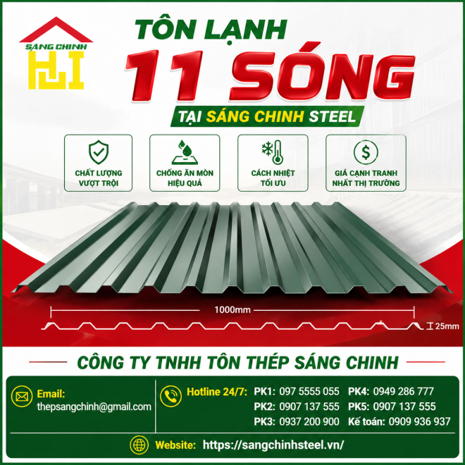 Bảng báo giá tôn lạnh 11 sóng tại Sáng Chinh STEEL