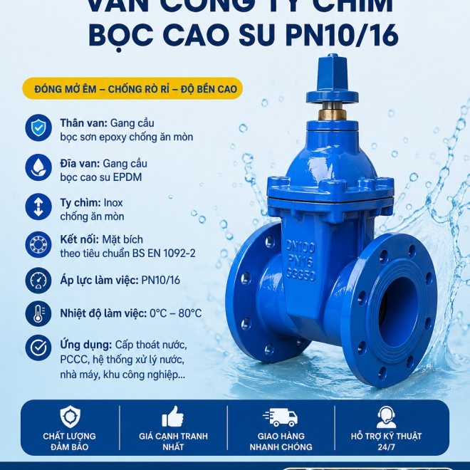 Van cổng ty chìm bọc cao su PN10/16