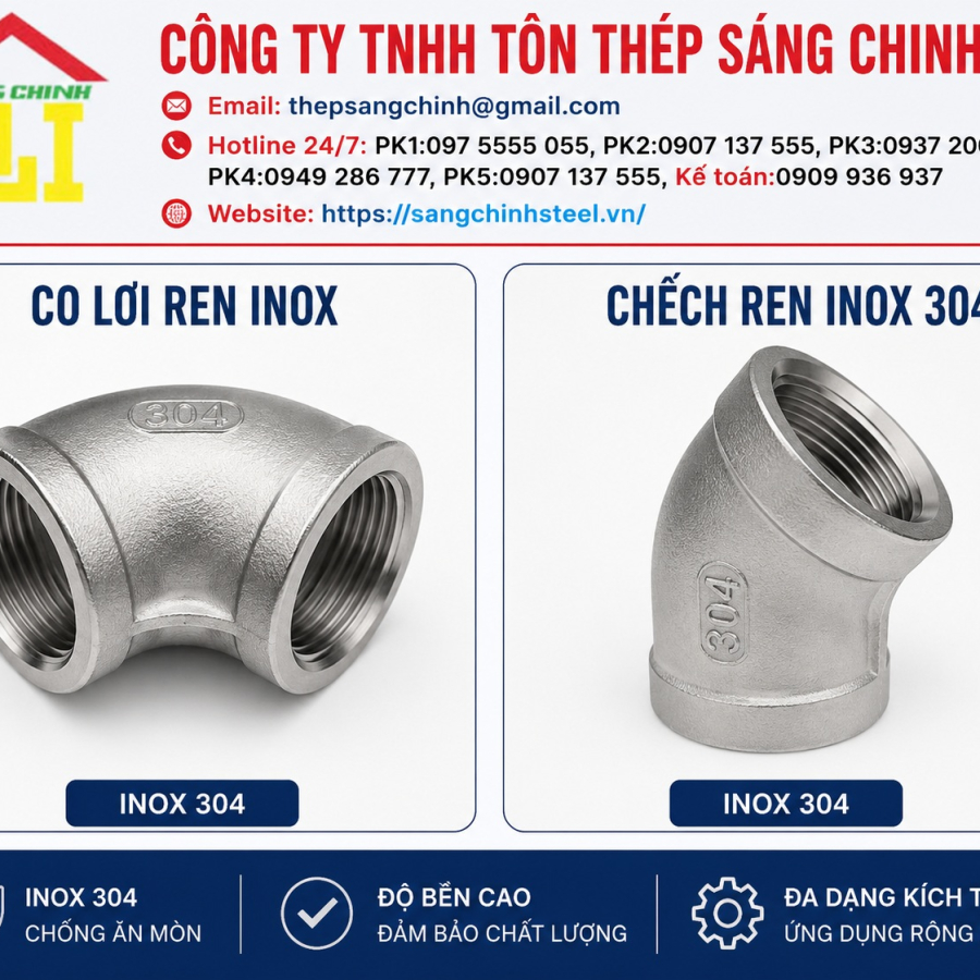 Co lơi ren inox, chếch ren inox 304