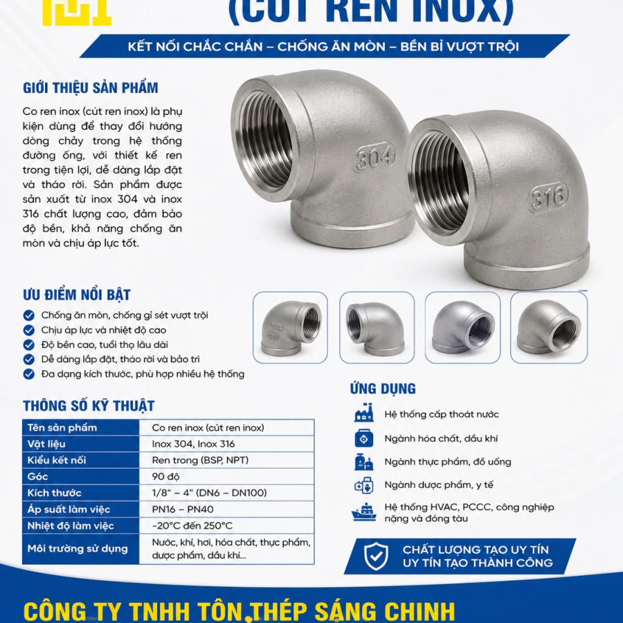 Co ren inox 304, 316 (cút ren inox)